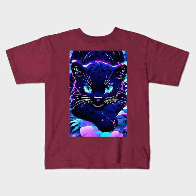 Cute Kawaii black panther art Kids T-Shirt by Spaceboyishere